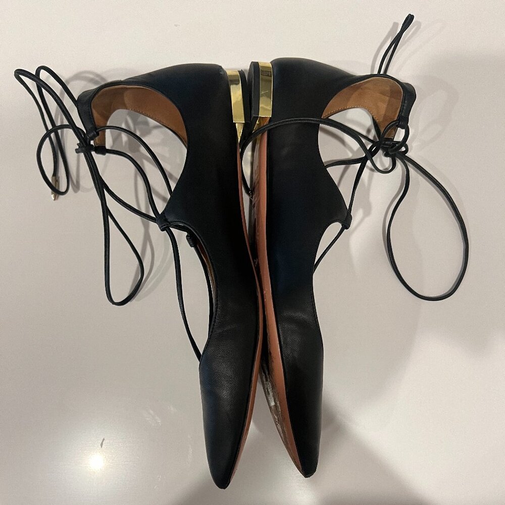 Aquazzura Black Leather Lace-Up Flats